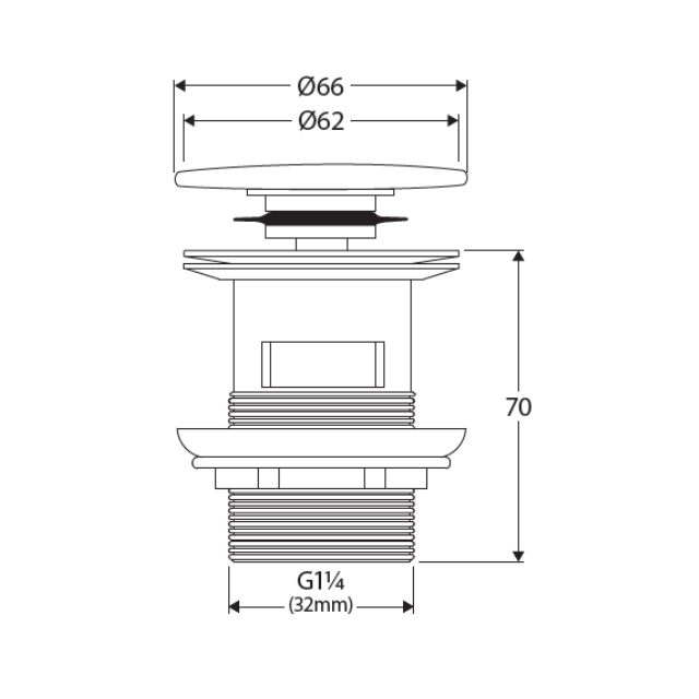 Technical Drawing Fienza Pop Up 32mm Overflow Basin Waste Flat Ceramic Cap Matte White WAS58FMW - The Blue Space