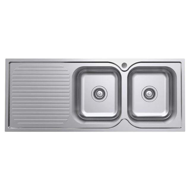 Fienza Tiva 1180 Kitchen Sink Right Double Bowl With Drainer Topmount 19L-19L 1Th 1180X480X180mm 68107R - The Blue Space