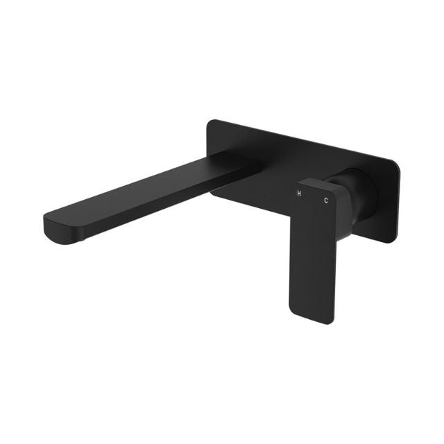 Fienza Tono Basin/Bath Wall Mixer 200mm Outlet Set Large Square Plates Matte Black 233106B-200 - The Blue Space