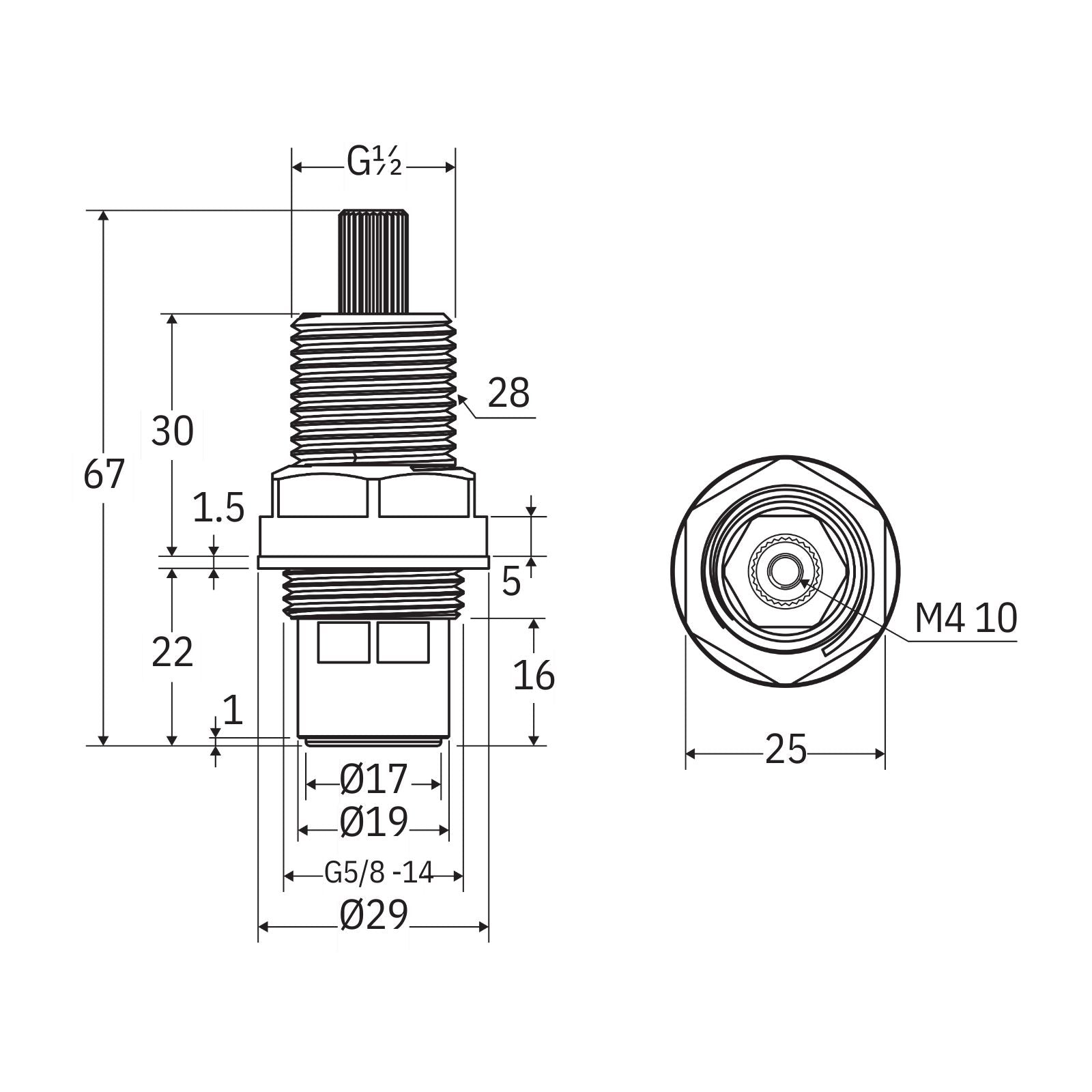 Technical Drawing Fienza Universal Wall Tap Hot/Cold Spindle Set 230024-LF - The Blue Space