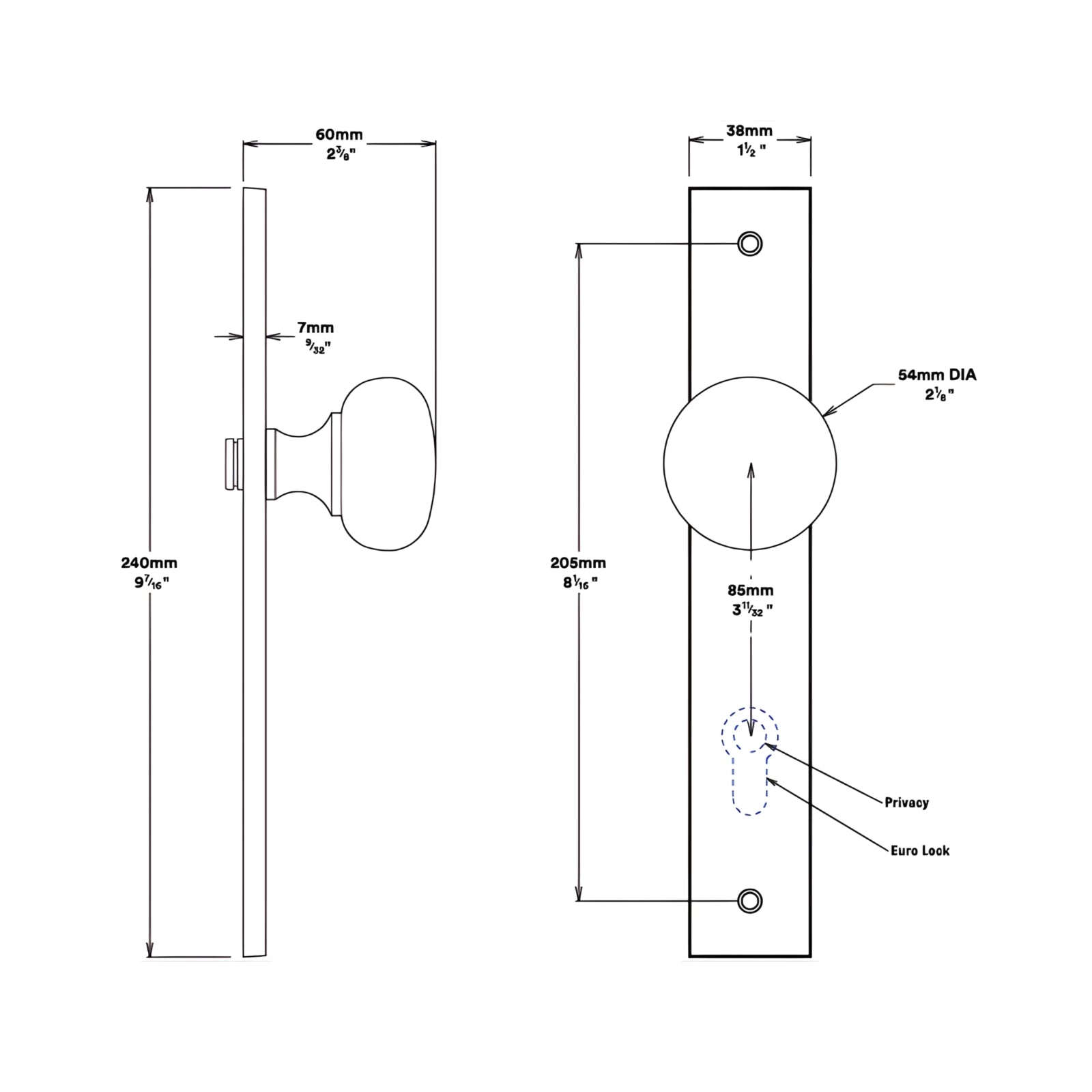 Line Drawing Knob Iver Cambridge Knob Rectangular Backplate Entrance Kit with High Security Lock Matte Black 12822KENTR60KT - The Blue Space