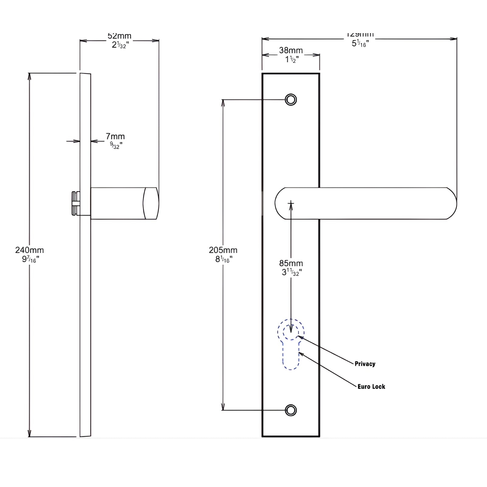 Line Drawing Iver Osaka Lever Rectangular Backplate Entrance Kit with High Security Lock Matte Black 12860KENTR60KT - The Blue Space