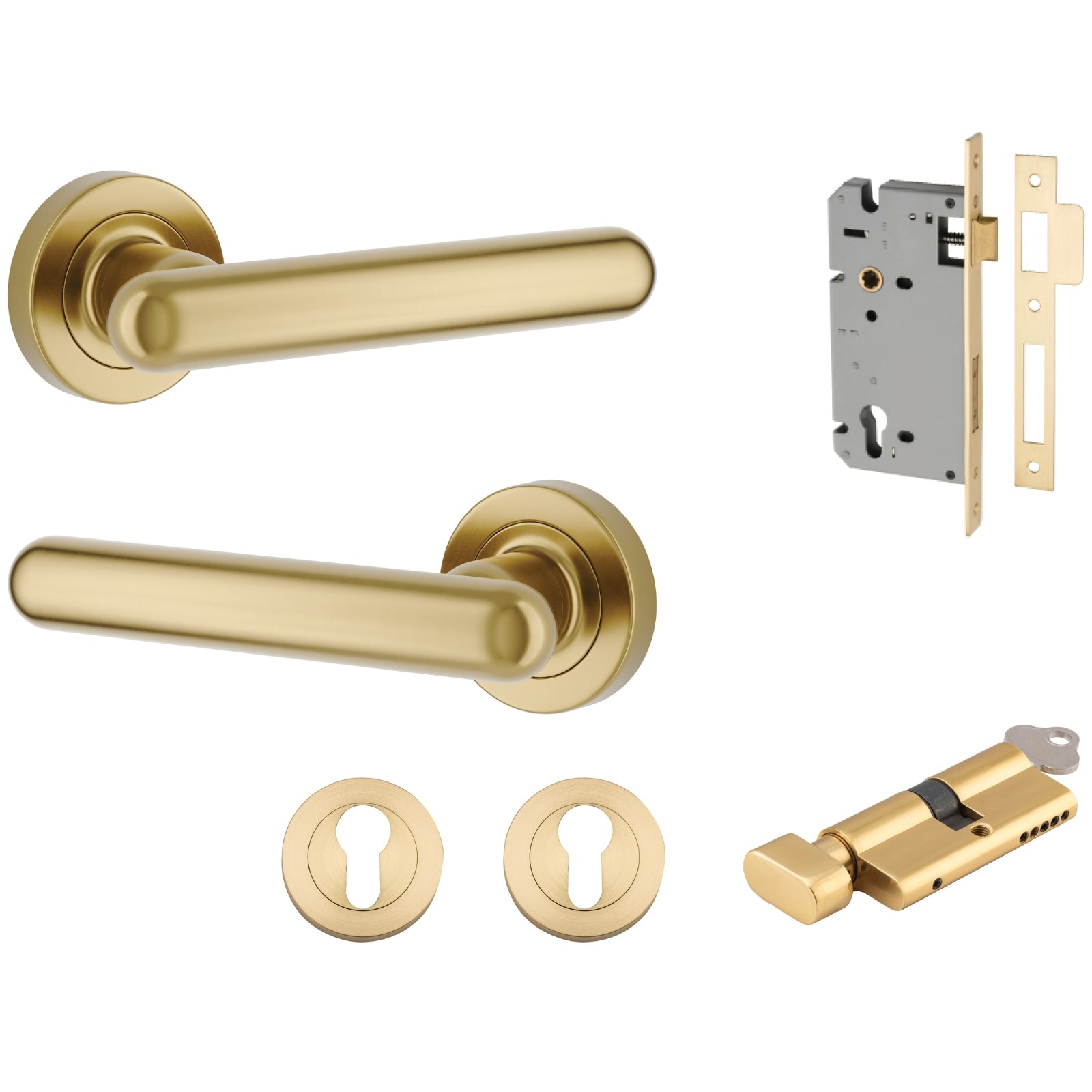Iver Puerto Lever Round Rose Entrance Kit with Separate High Security Lock Key/Thumb Brushed Gold PVD 24000KENTR60KT - The Blue Space
