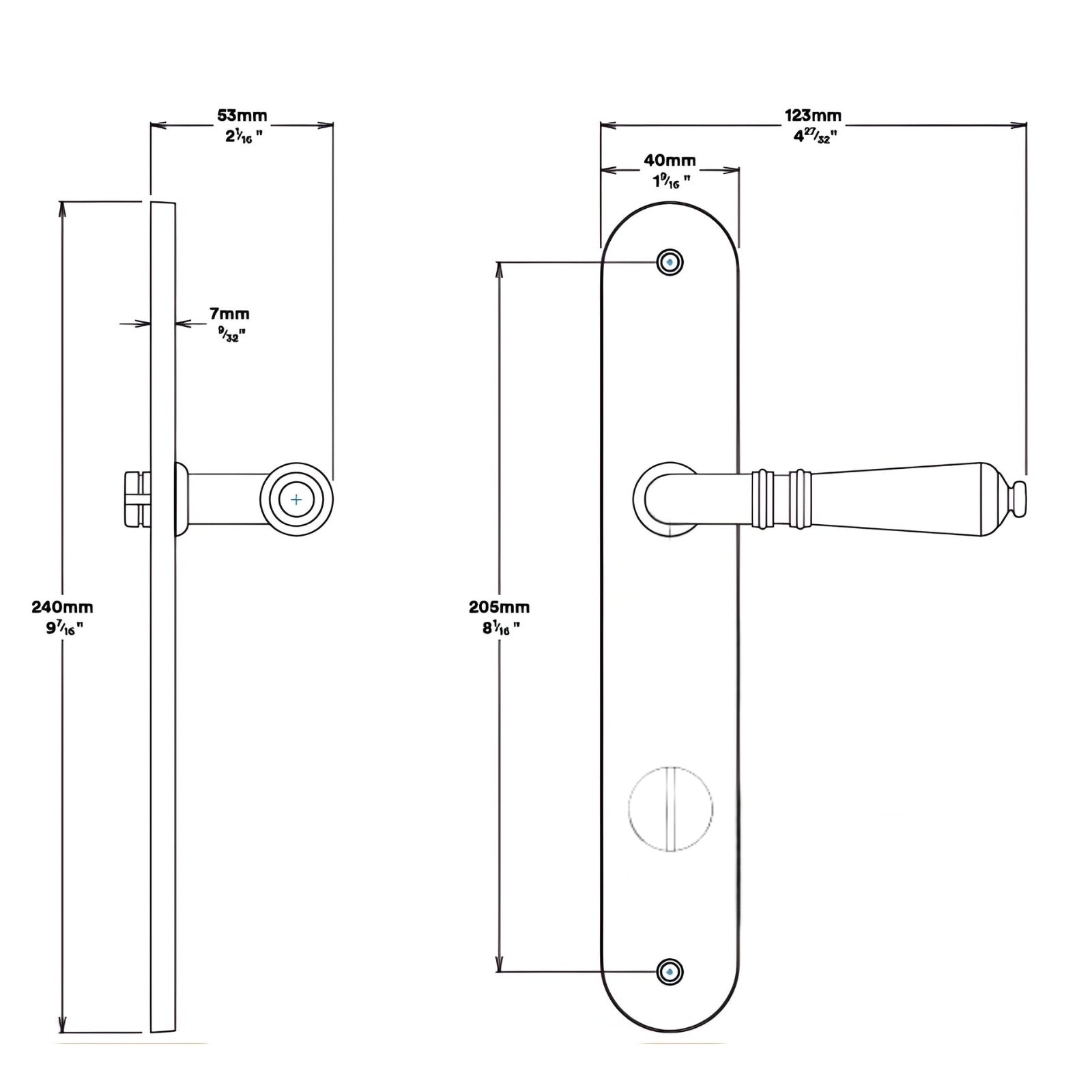 Line Drawing Iver Sarlat Lever Oval Backplate Privacy Kit with Privacy Turn Satin Nickel 14724KPRIV60 - The Blue Space