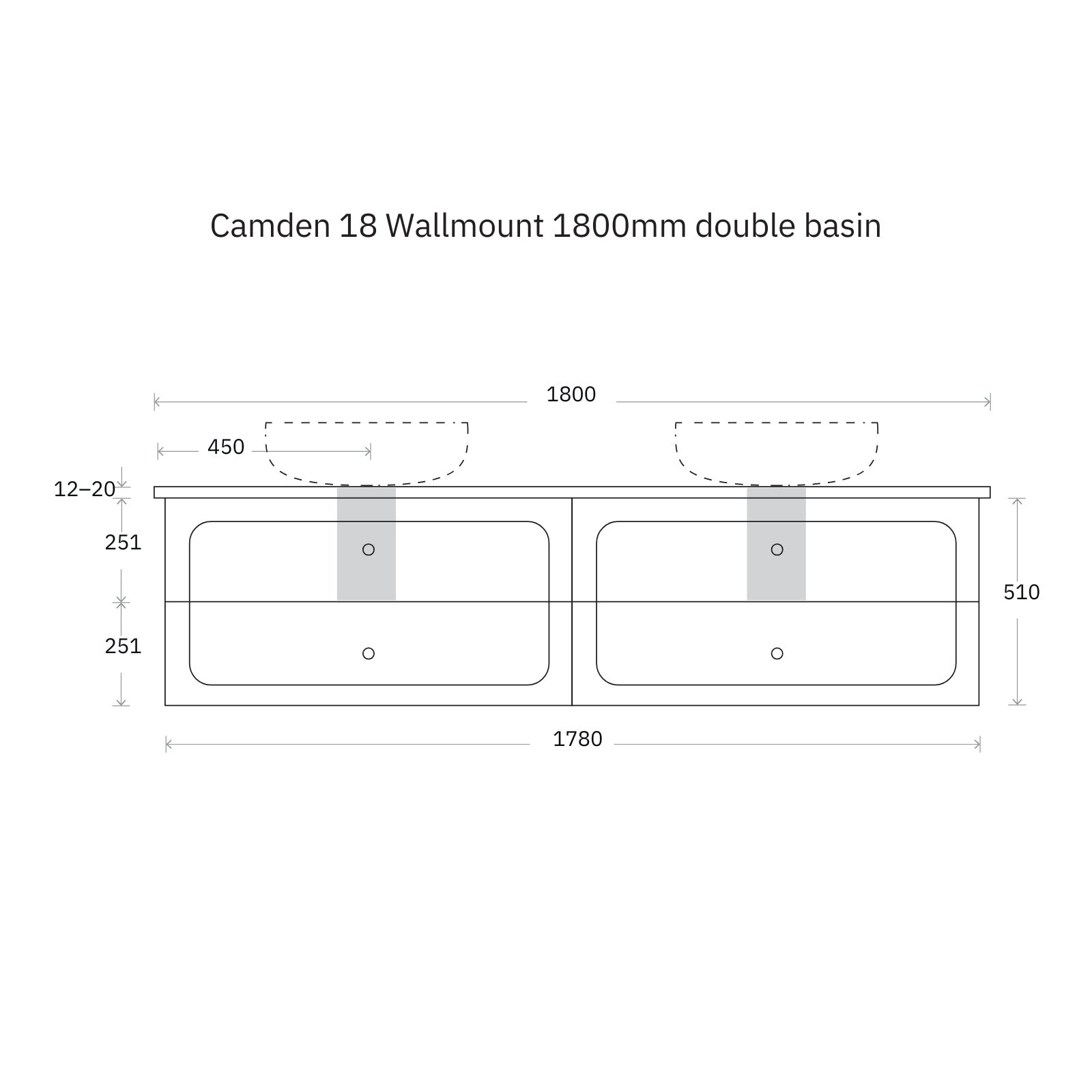 Technical Drawing Marquis Camden Wall Hung Vanity with Caesarstone, Vasari or Dekton Top CAMDEN18-WH - The Blue Space