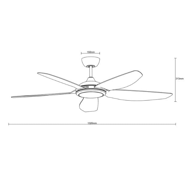 Line Drawing Martec Esprit DC 1320mm Ceiling Fan with LED Light Matt White MDCE1353W - The Blue Space