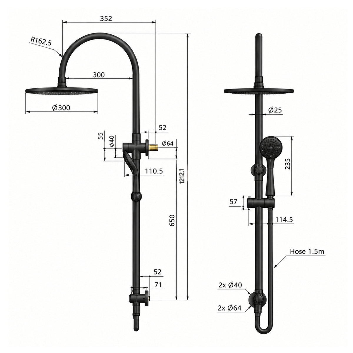 Line Drawing Meir Gooseneck Shower Set with 300mm rose, Three-Function Hand Shower Shadow MZ0906-PVDGM - The Blue Space