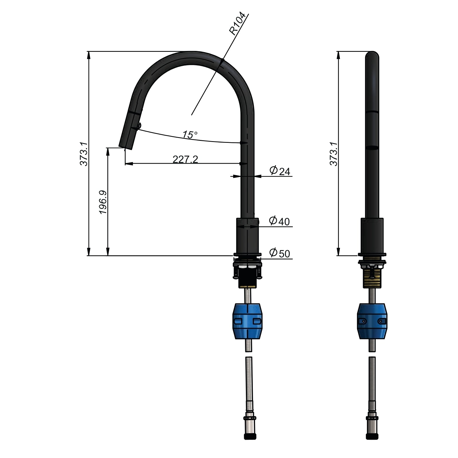 Technical Drawing Meir Kitchen Hob Spout with Pull Out Nozzle - Shadow MS18-PVDGM - The Blue Space