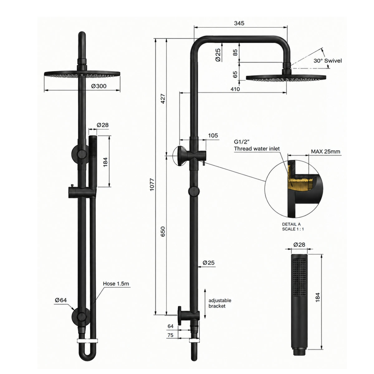 Line Drawing Meir Round Combination Shower Rail 300mm Rose & Hand Shower - Chrome MZ0706-R-C - The Blue Space