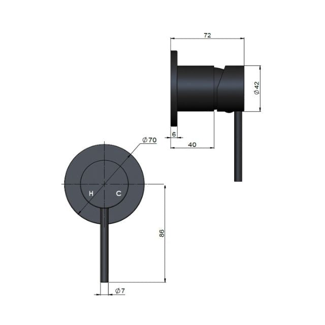 Technical Drawing Meir Round Wall Mixer Short Pin Lever Champagne Trim Kit MW03S-FIN-CH - The Blue Space