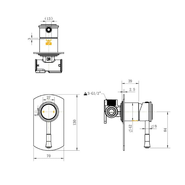 Technical Drawing Modern National Montpellier Shower Mixer Chrome - Full Kit MON008-KIT - The Blue Space