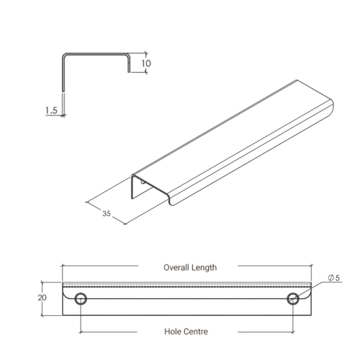 Technical Drawing Momo Handles Ferrara Lip Pull White FER300.WH.FG - The Blue Space