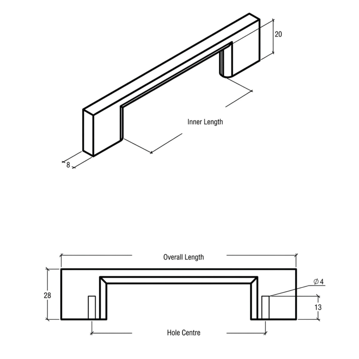 Line Drawing Momo Handles Livorno D Handle Brushed Matt Brass M3163.320.BMB - The Blue Space