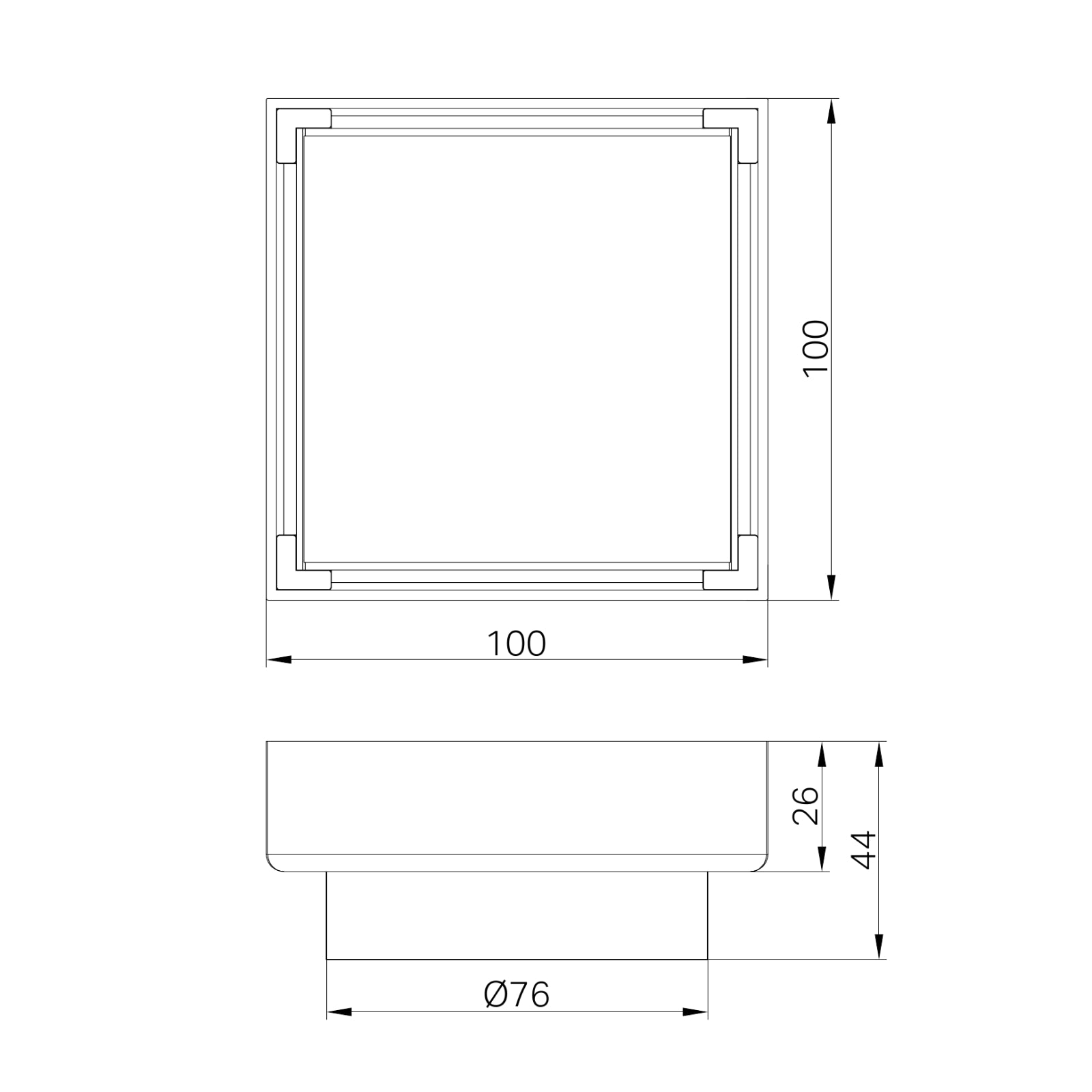Technical Drawing Nero 100mm Square Tile Insert Floor Waste 80mm Outlet Brushed Bronze NRFW009BZ - The Blue Space