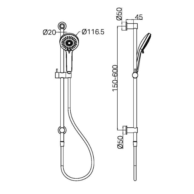 Technical Drawing Nero 3 Function Shower Rail Brushed Nickel NR314ABN - The Blue Space