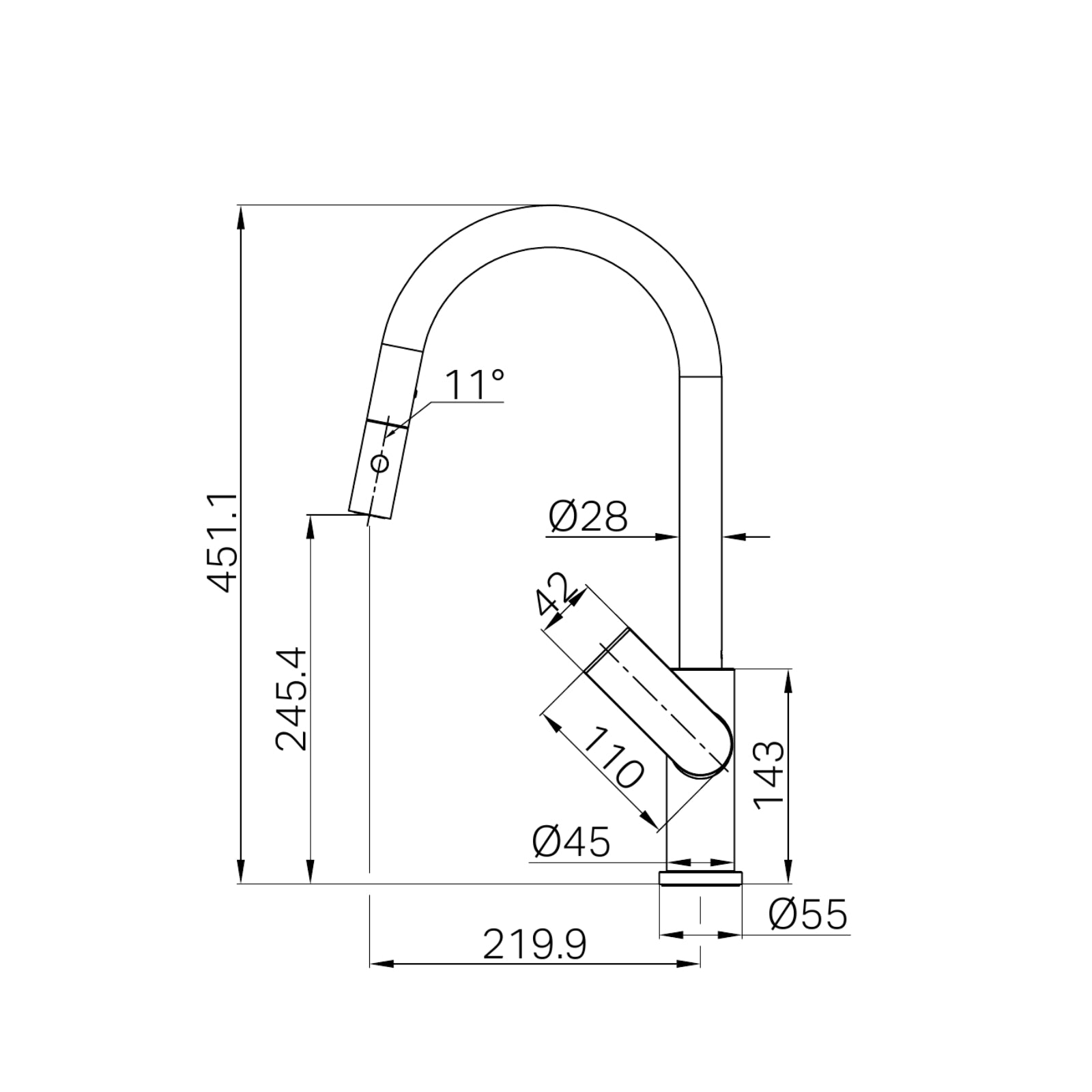 Technical Drawing Nero Bianca Pull Out Sink Mixer With Vegie Spray Function Brushed Gold NR321508BG - The Blue Space