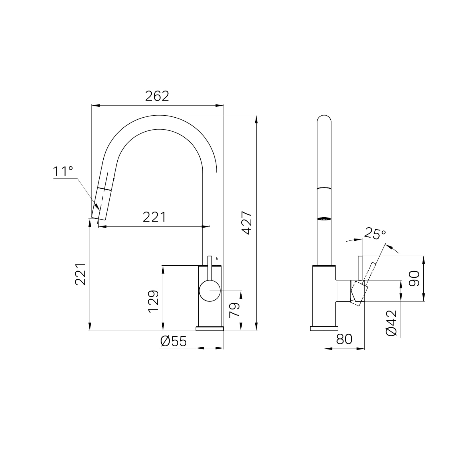 Technical Drawing Nero Dolce II Pull Out Sink Mixer Chrome 25B004CH - The Blue Space