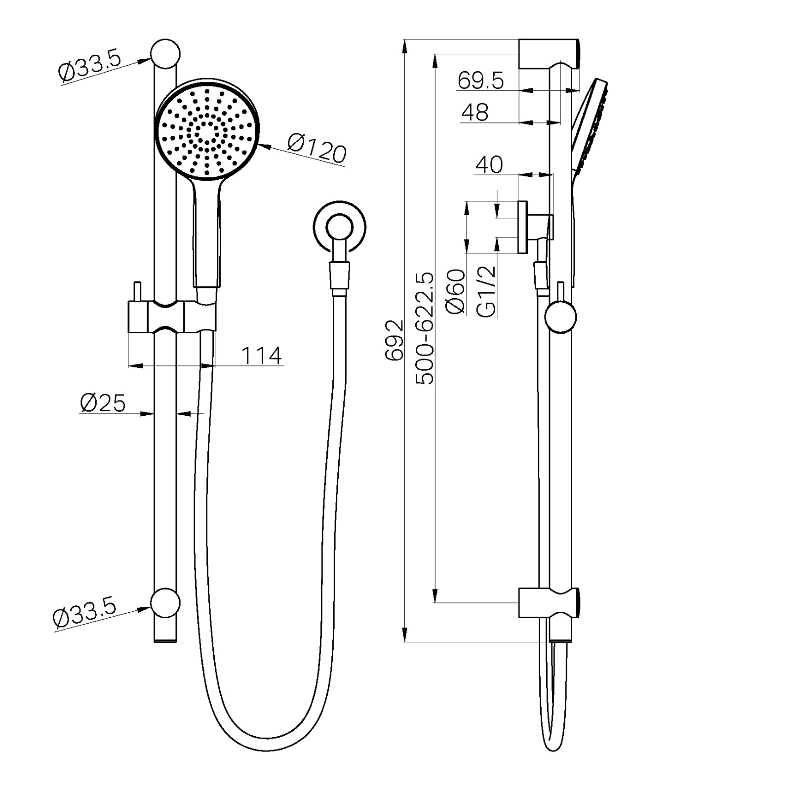 Technical Drawing Nero Dolce II Rail Shower Gun Metal NR322GM - The Blue Space