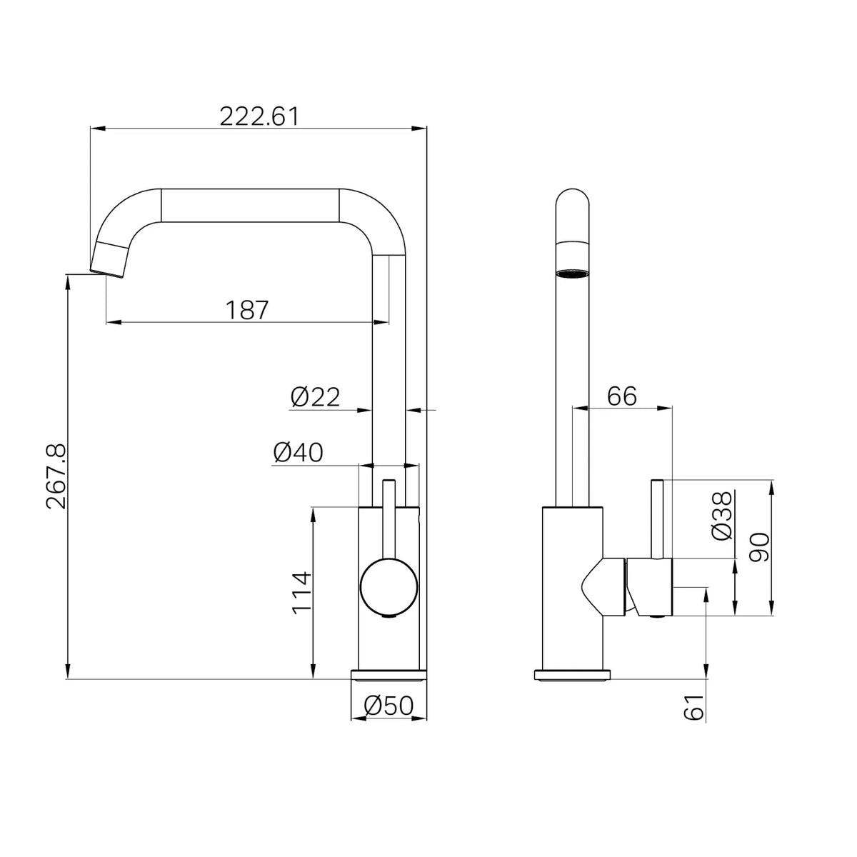 Technical Drawing Nero Dolce II Sink Mixer Square Spout - Matte Black 25B019MB - The Blue Space