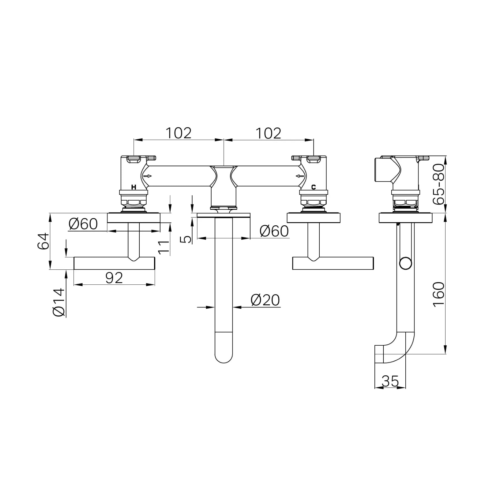 Technical Drawing Nero Mecca Lever Wall Basin/Bath Set 160mm Spout Chrome 25D006CH - The Blue Space