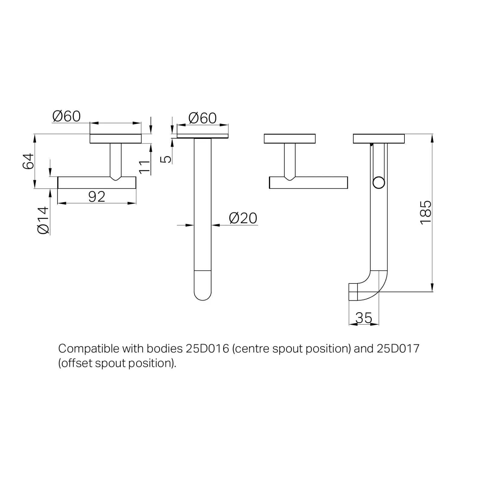 Technical Drawing Nero Mecca Lever Wall Basin/Bath Set 185mm Spout Trim kits Only Brushed Nickel 25D020BN - The Blue Space