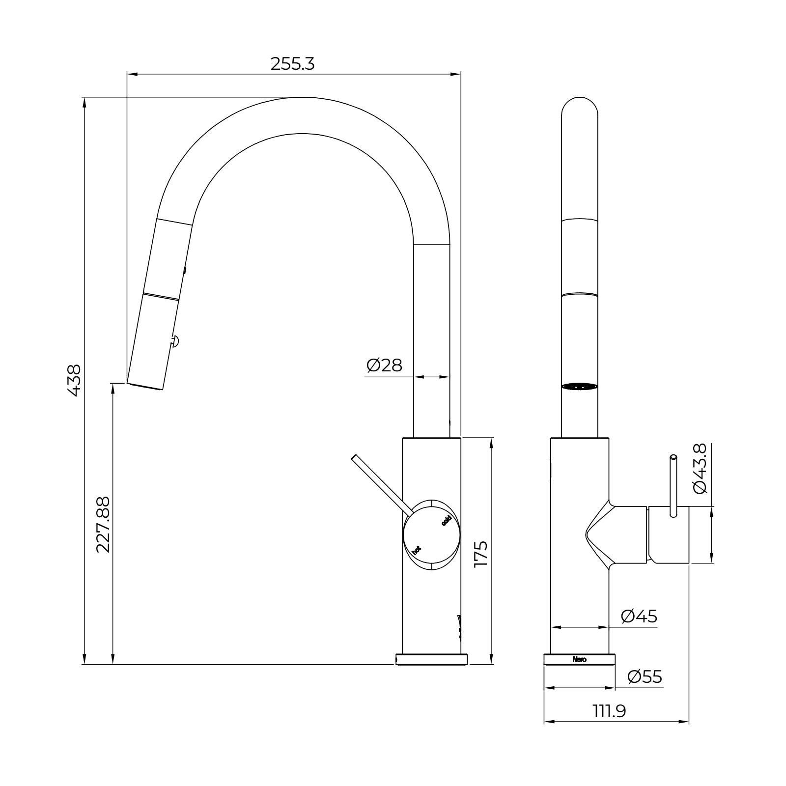 Technical Drawing Nero Mecca Smart Sensor Pull Out Kitchen Mixer Matte Black NR221908AMB - The Blue Space