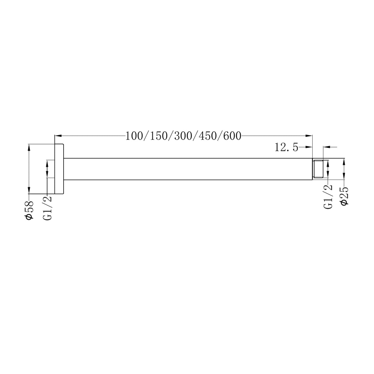 Technical Drawing Nero Round Ceiling Arm 150mm Length Brushed Bronze NR503150BZ - The Blue Space