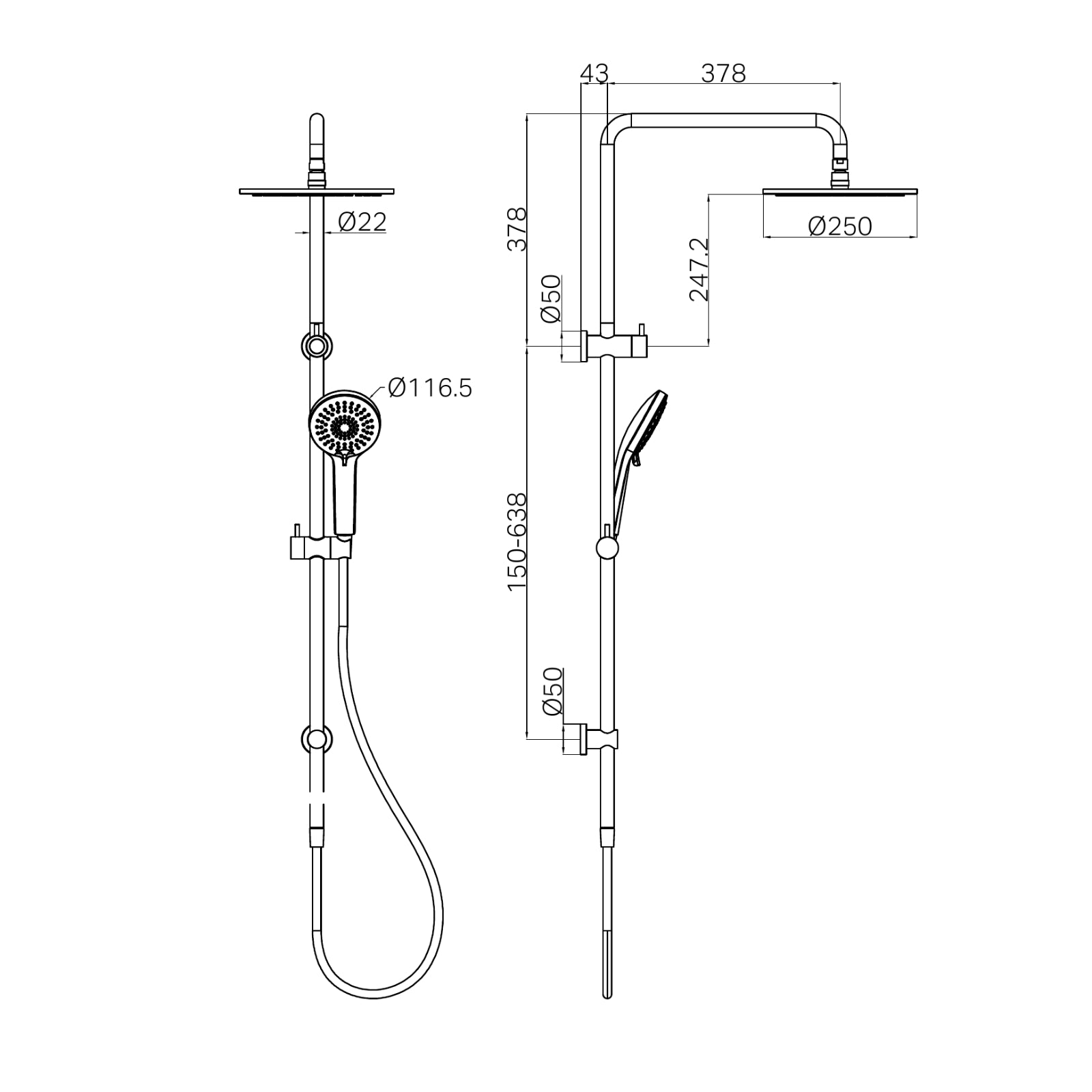 Technical Drawing Nero Round Twin Shower Gun Metal NR250805DGM - The Blue Space