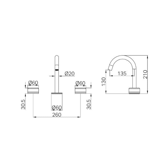 Technical Drawing Nero Serenity Basin Set Arc Spout With Carrara Handle Brushed Bronze 24D011BZ - The Blue Space
