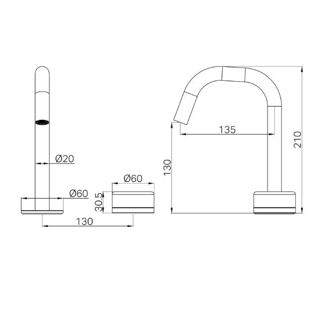 Technical Drawing Nero Serenity Progressive Basin Mixer Edge Spout With Carrara Handle Brushed Gold 24E043BG - The Blue Space