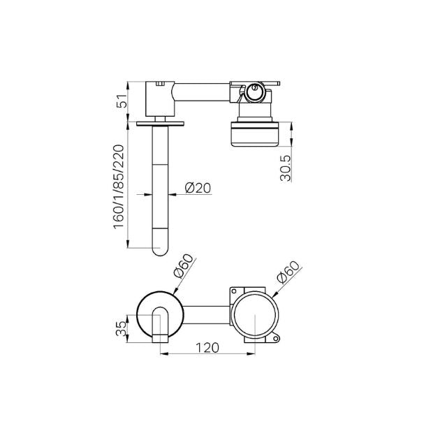 Technical Drawing Nero Serenity Progressive Wall Basin Mixer 220mm Spout With Carrara Handle Matte Black 24E073MB - The Blue Space