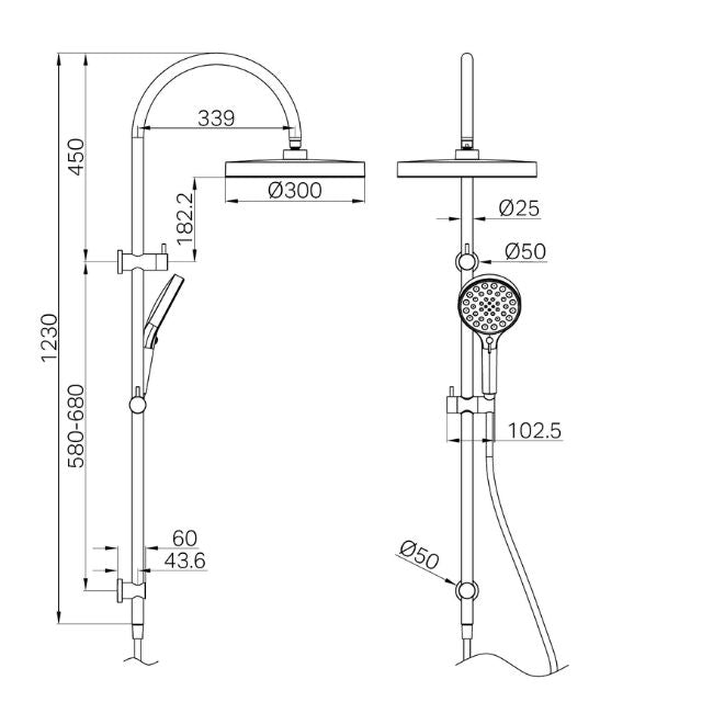 Technical Drawing Nero Serenity Twin Shower Brushed Bronze 24D073BZ - The Blue Space