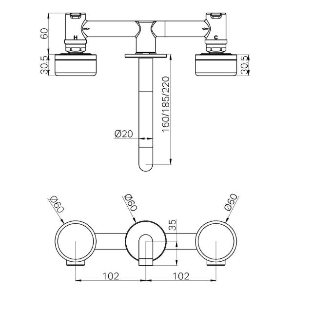 Technical Drawing Nero Serenity Wall Basin Set 185mm Spout With Carrara Handle Brushed Bronze 24D041BZ - The Blue Space