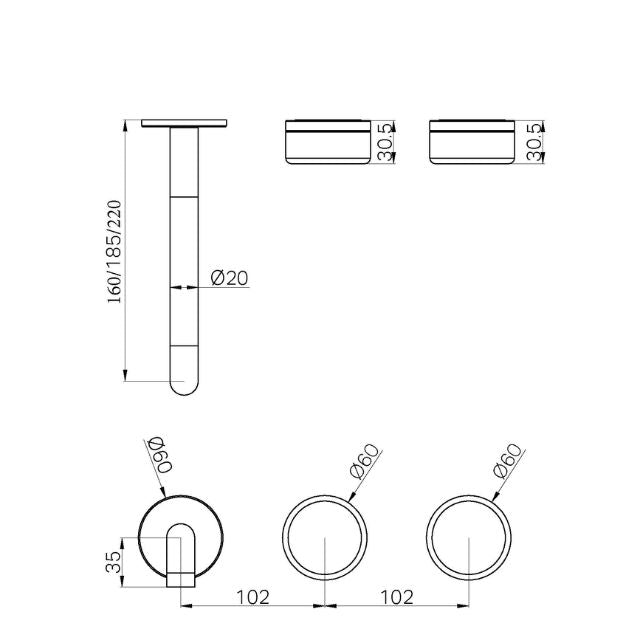 Technical Drawing Nero Serenity Wall Basin Set 220mm Offset spout With Rome Travertine Handle Trim Kit Only Matte Black 24D106MB - The Blue Space