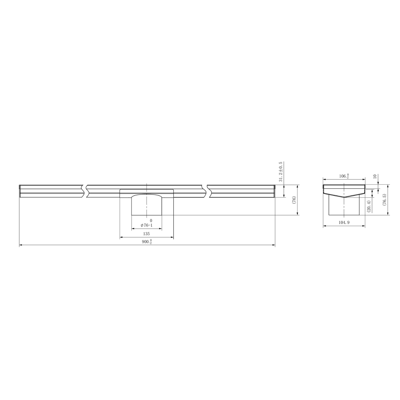 Technical Drawing Nero Tile Insert V Channel 900x106mm Floor Grate 80mm Outlet Brushed Bronze NRFG003HSBZ_KIT - The Blue Space