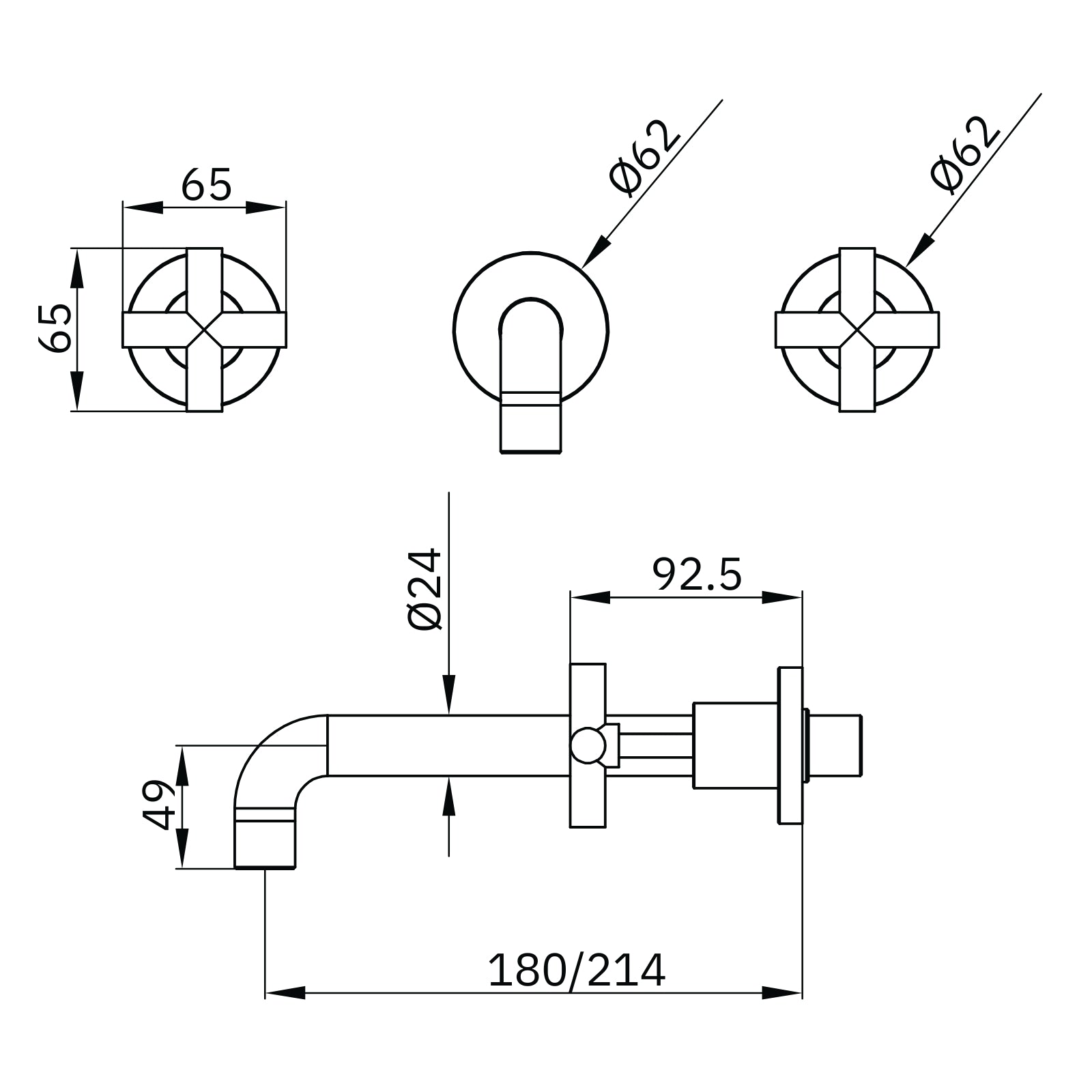 Technical Drawing Nero X Plus Wall Basin Set 180mm Brushed Nickel NR201607BBN - The Blue Space