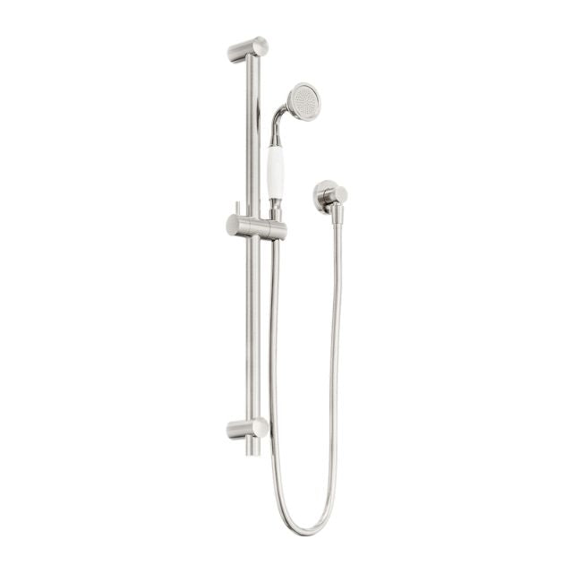 Nero York Shower Rail With White Porcelain Hand Shower Brushed Nickel