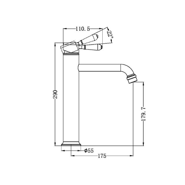 Technical Drawing Nero York Straight Tall Basin Mixer With White Porcelain Lever Brushed Nickel NR692101A01BN - The Blue Space