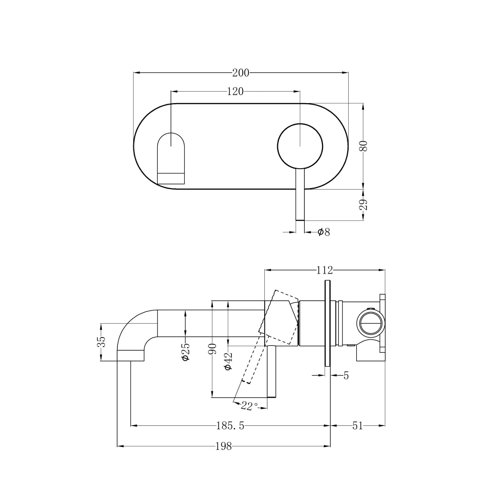 Technical Drawing Nero Zen SS316L Wall Basin/Bath Mixer 185mm Spout Graphite NR162210A185GR_KIT - The Blue Space