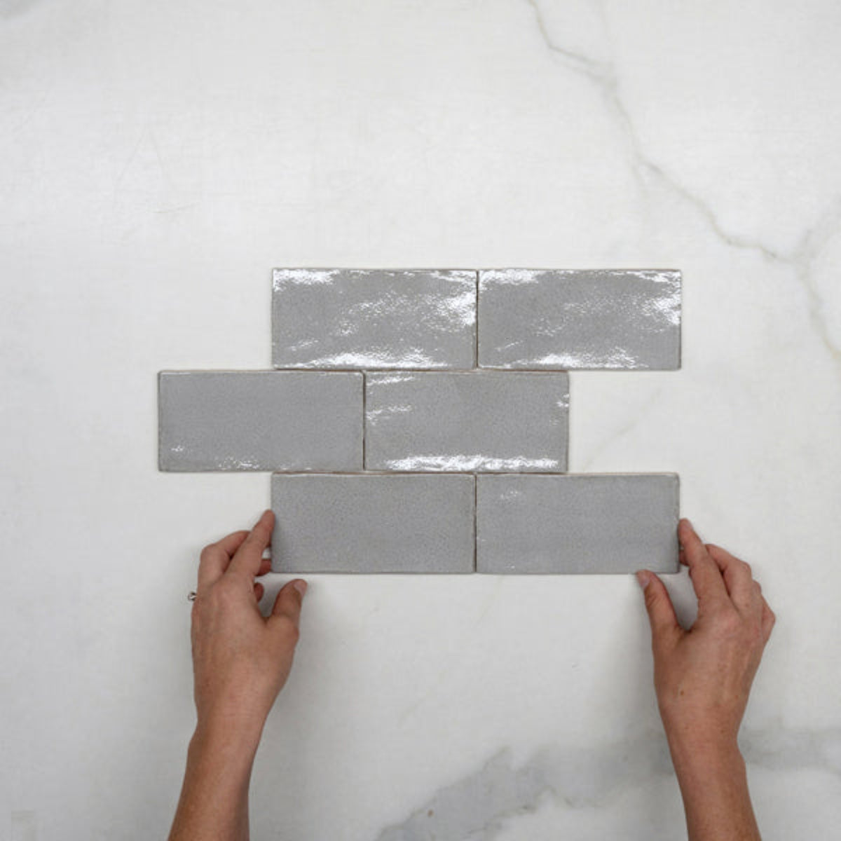 Pattern With Hand Nickel Grey Dianna Hand Made Subway Tile 75 x 150 x 9mm Spanish Ceramic - The Blue Space