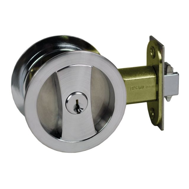 Nidus Lockable Sliding Cavity Door Round Backplate Entrance Set Include End Pull Satin Chrome CSC-LK-RD-SC-V - The Blue Space
