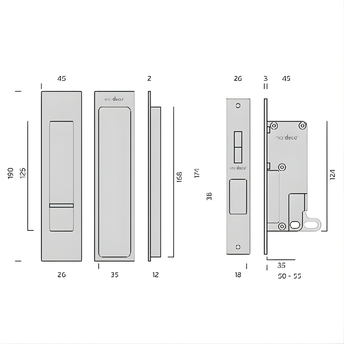 Technical Drawing Nidus Mardeco Cavity Sliding Door Privacy Set Polished Chrome MSC-8004-SET-CP - The Blue Space