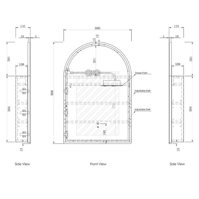 Otti Archie LED Shaving Cabinet Black Oak Technical Drawing LED-ARSV9060B-VP | The Blue Space