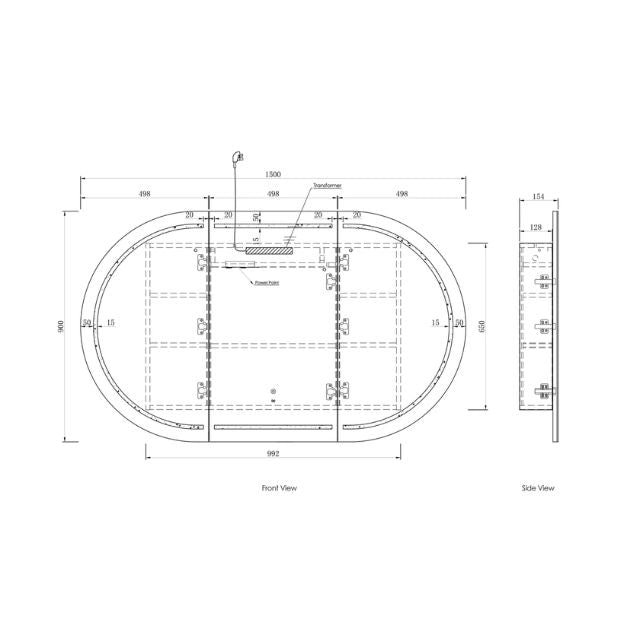 Otti Bondi 1500 LED Shaving Cabinet Black Oak Technical Drawing LED-BOSV1590B-VP | The Blue Space