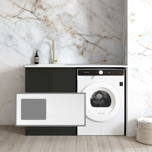 Otti Hampshire Black 1300mm Laundry Cabinet Set with Pure White Solid Surface Stone Top LA-1300-BOHB-PW-KIT | The Blue Space