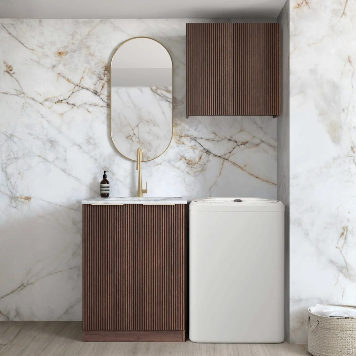 Otti Havana 650mm Fluted Laundry Cabinet Set - Sable Walnut LA-650A-HASW-NCA - The Blue Space