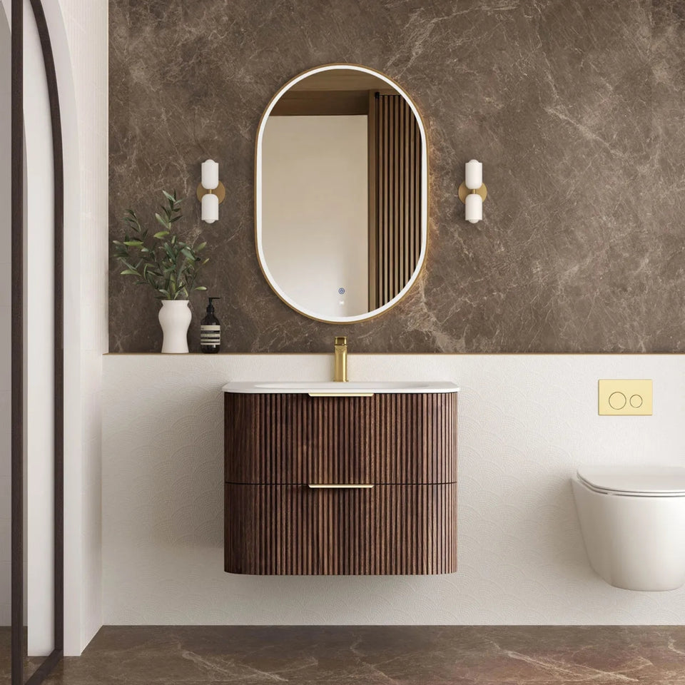 Otti Havana Fluted Curved Wall Hung Vanity with Chloe Silk Top - Sable Walnut