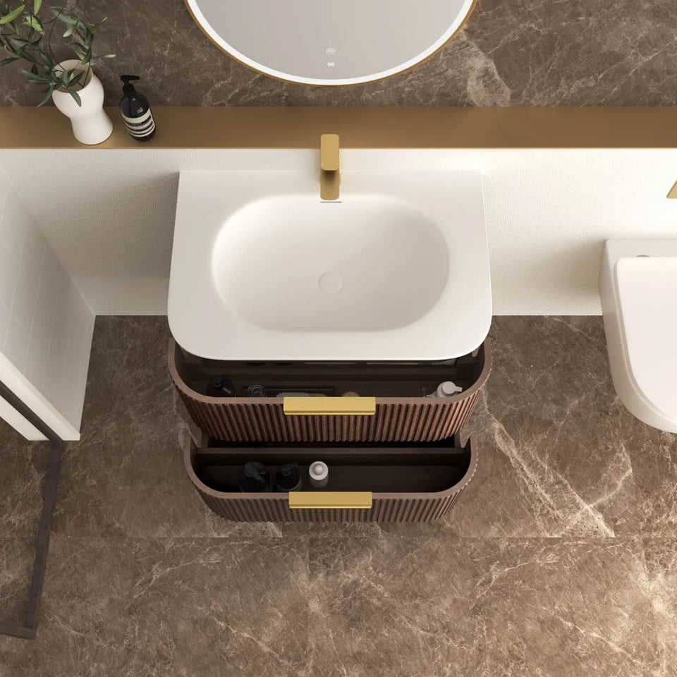 Otti Havana Fluted Curved Wall Hung Vanity with Chloe Silk Top - Sable Walnut