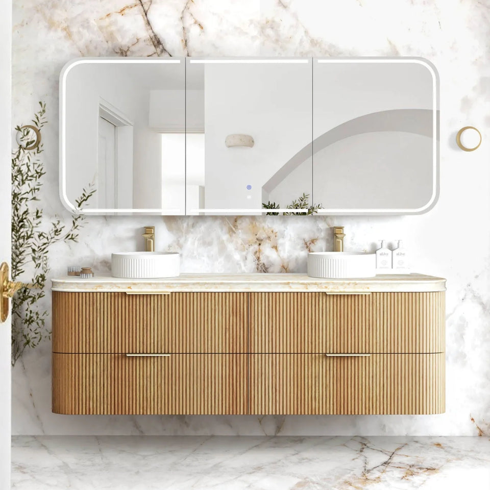 Otti Havana Fluted Curved Wall Hung Vanity with Stone Top - Woodland Oak