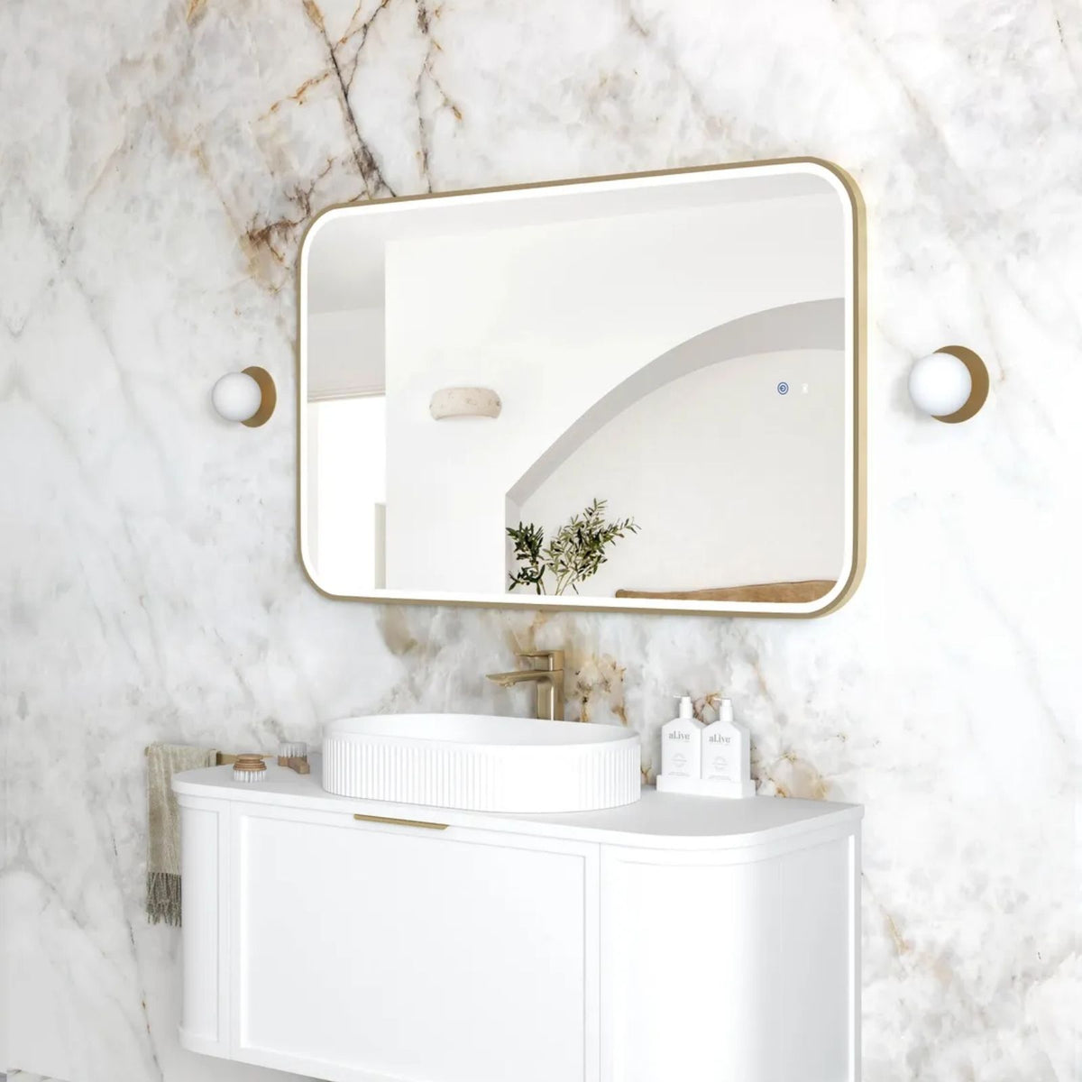 Side Otti LED Newport 1200mm x 750mm Metal Frame Mirror - Brushed Gold LED-SQM1275G - The Blue Space